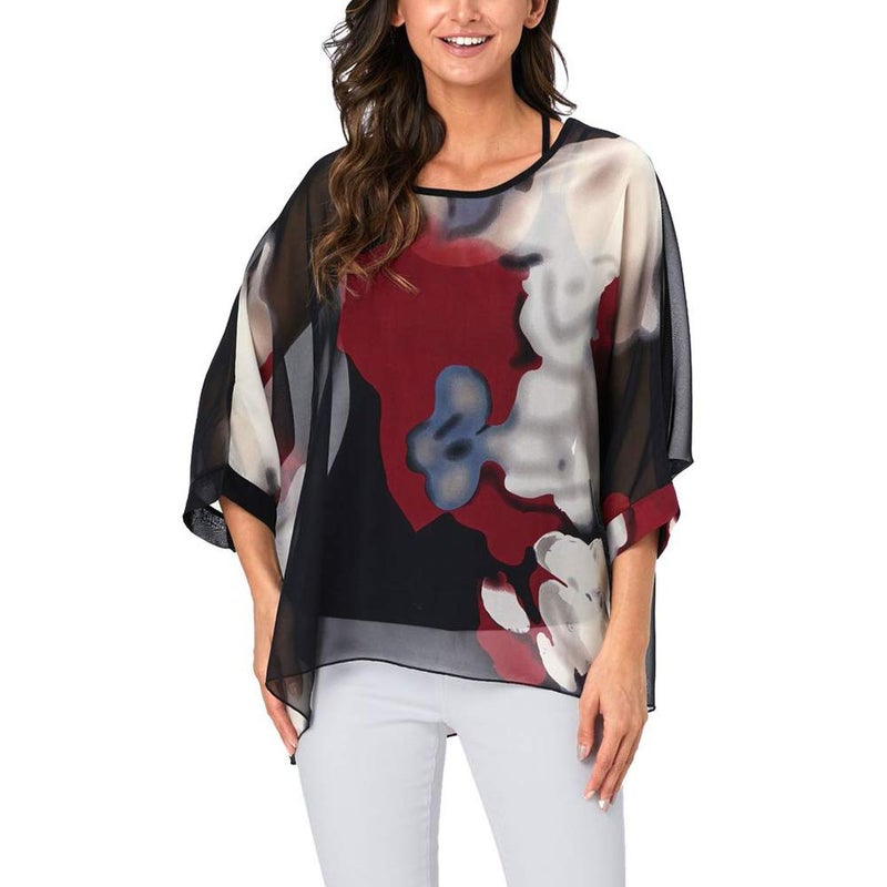 Ckikiou Plus Size Batwing Flowy Semi Sheer Chiffon Blouse Tunic for Women Summer Floral Print Boho Beach Cover ups - Image 4